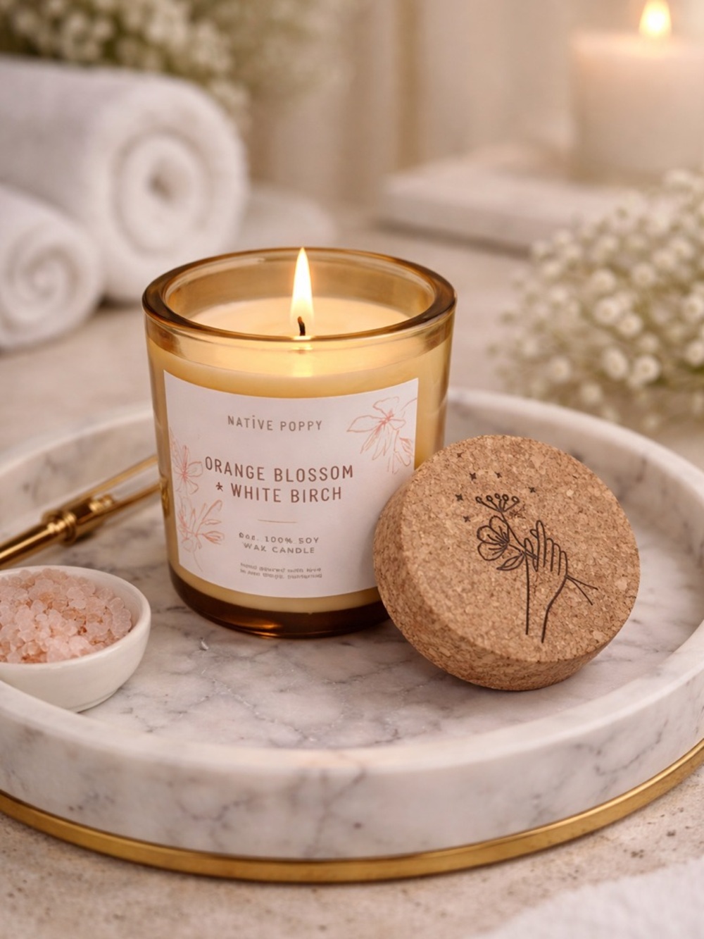 Native Poppy Orange Blossom & White Birch Candle Soy Wax Amber Jar Aromatherapy